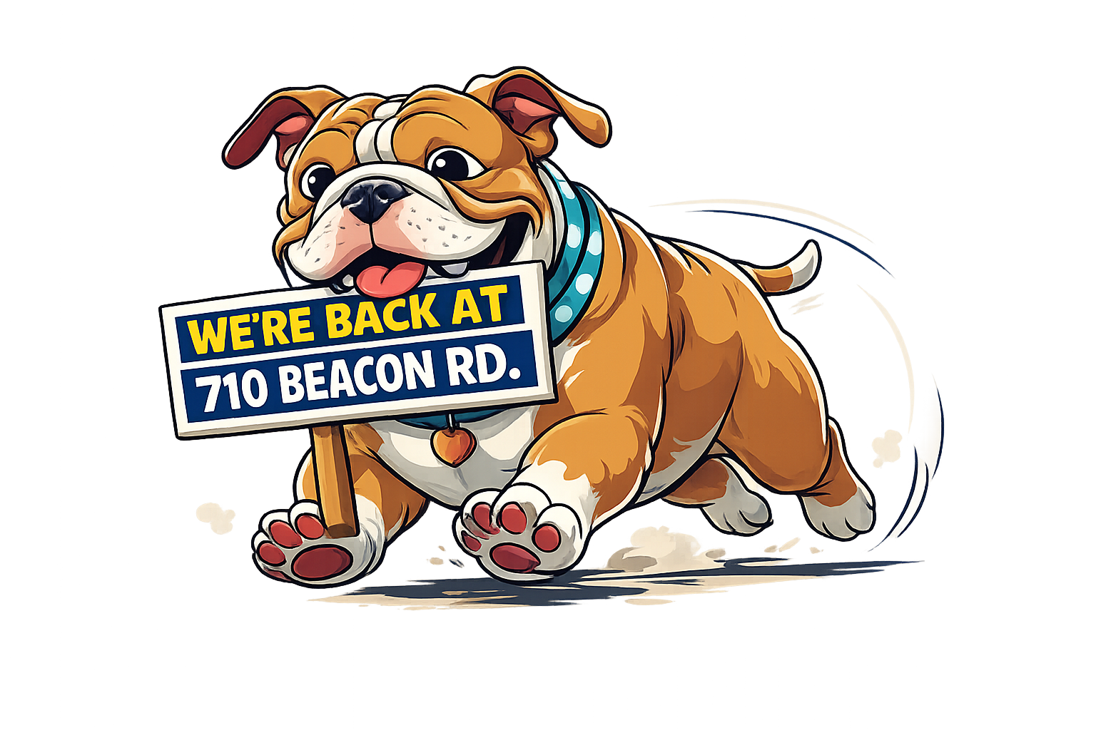 Bulldog holding sign with the schools address 710 Beachon Rd
