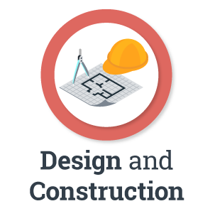 A hard hat, blueprint, and compass tool represent the design and construction functions of OFM