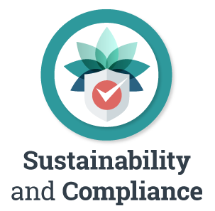 Leaves, a shield, and check mark represent the sustainability and compliance functions of OFM
