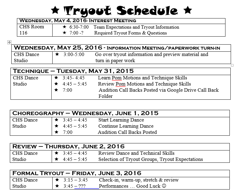 2016 Tryout Schedule Image