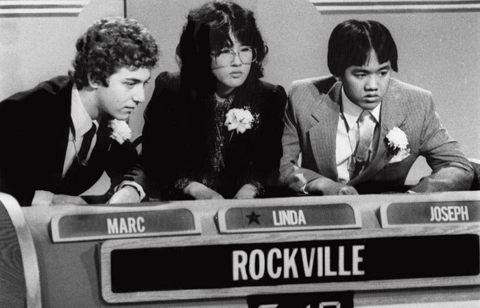Rockville High School seniors Marc Intrater, Linda Liu, and Joseph Hsu concentrate on the next question en route to their 1984 Washington Metro Championship