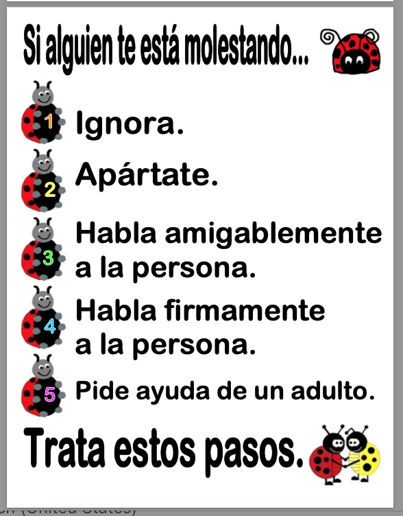 Debug 1.Ignora   2.Apártate  3.Habla amigablemente a la persona.  4.Habla firmamente a la persona.  5.Pide ayuda de un adulto.