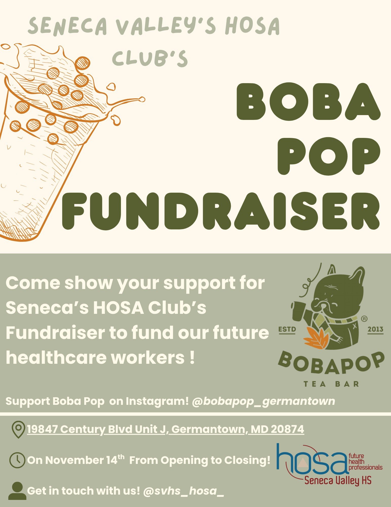 11-14-25 SVHS HOSA Club x Boba Pop Fundraiser Flyer