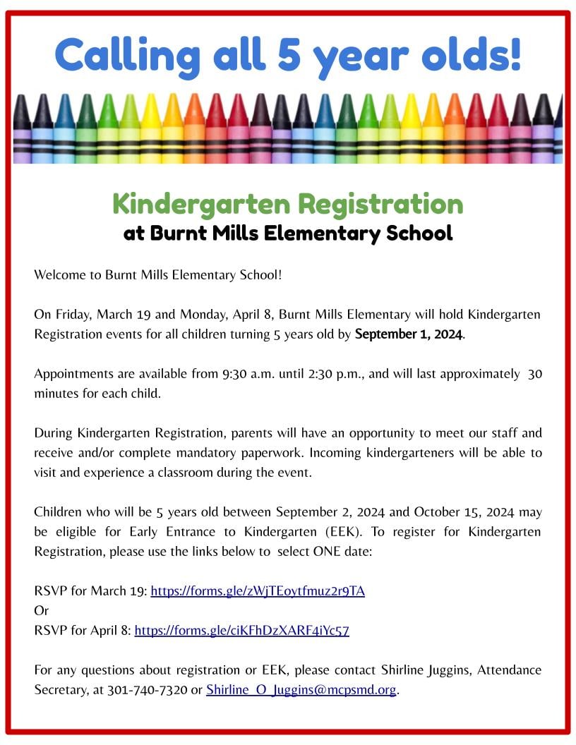Kindergarten Registration for the 20242025 School Year Burnt Mills ES