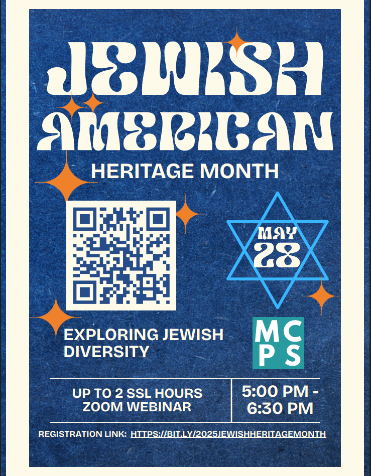 Flyer for Jewish American Heritage Month Zoom webinar on May 28 from 5:00 to 6:30 PM, featuring a QR code and event details about exploring Jewish diversity.