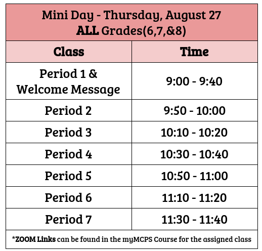 Mini Day Schedule August 27, 2020