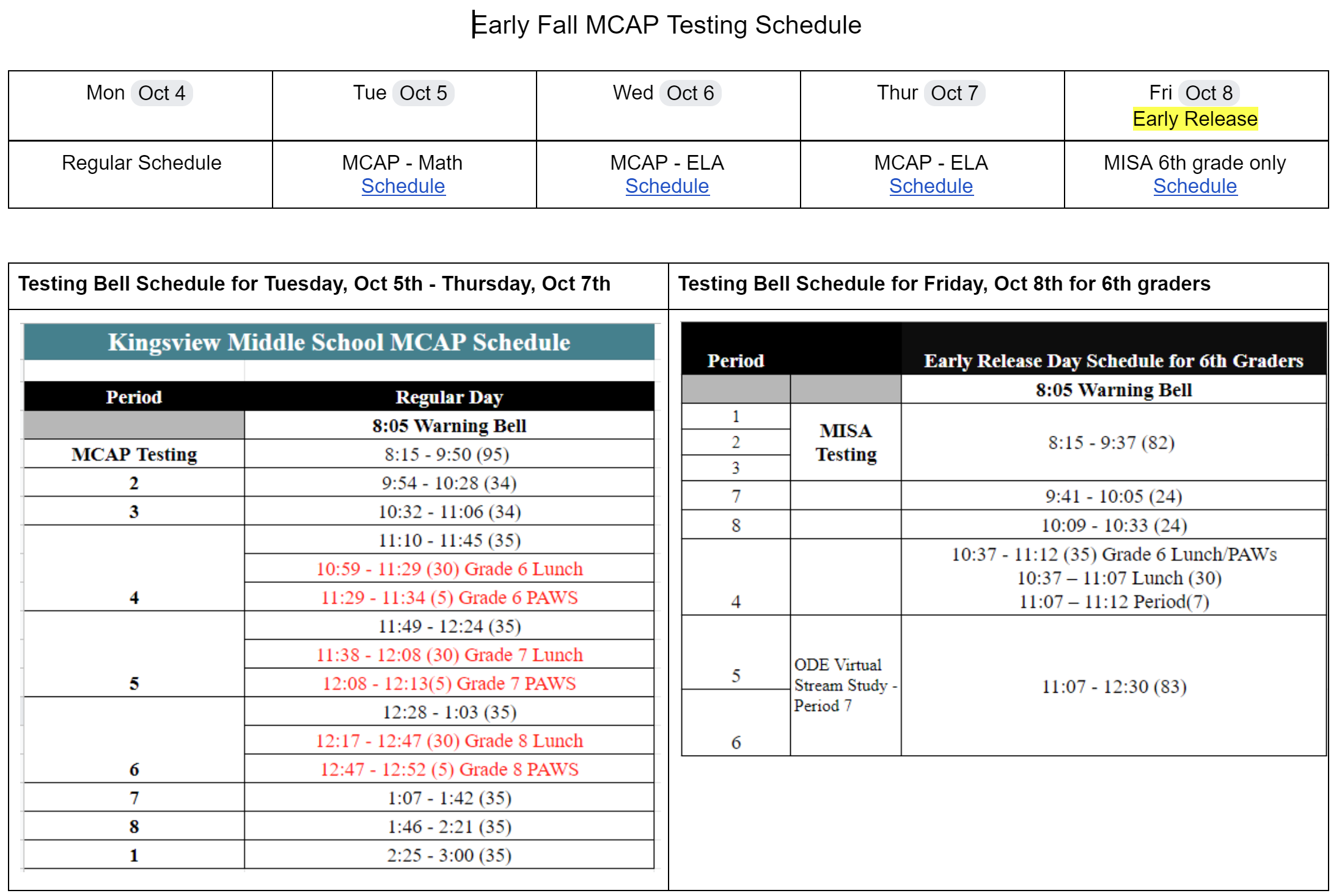 MCAP testing schedule Kingsview MS