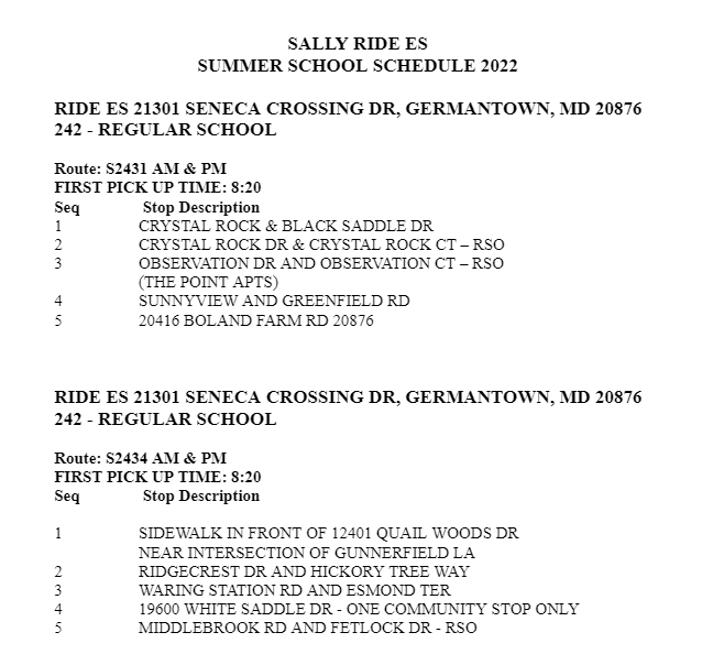 Bus Schedule for Summer School