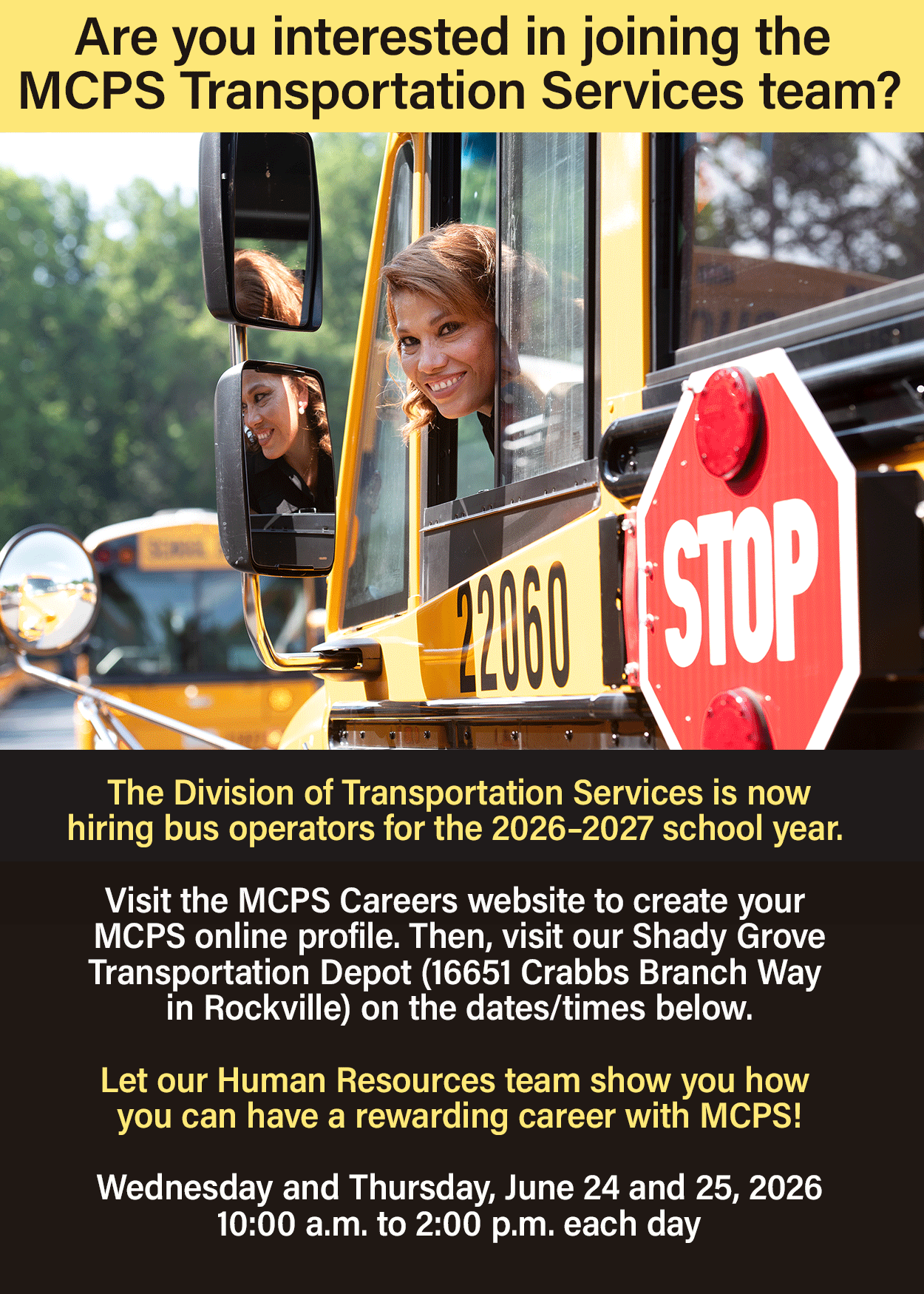 Smiling female school bus driver looking out the window