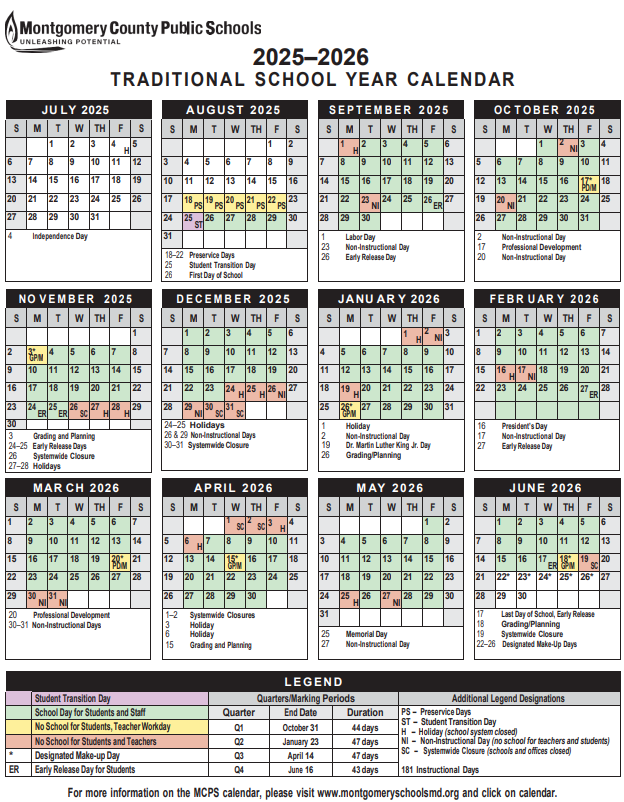 2025-2026 School Calendar | Kensington Parkwood ES