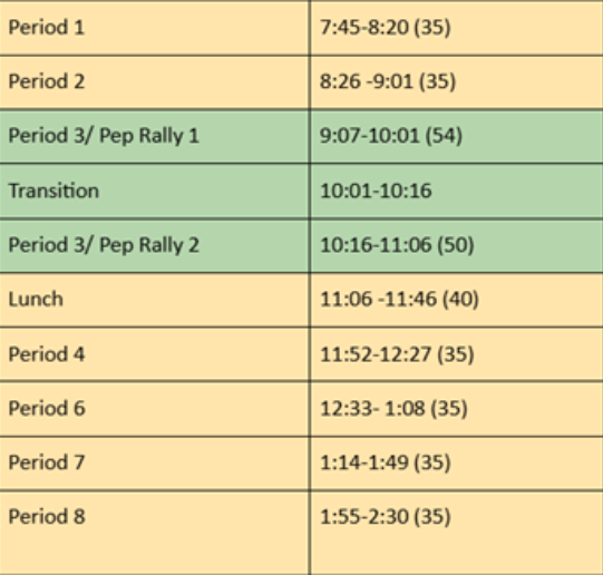 SVHS Pep Rally Bell Schedule