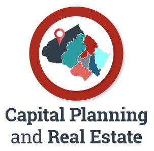 A shaded map of Montgomery County with locator pin represents capital planning and real estate-related functions