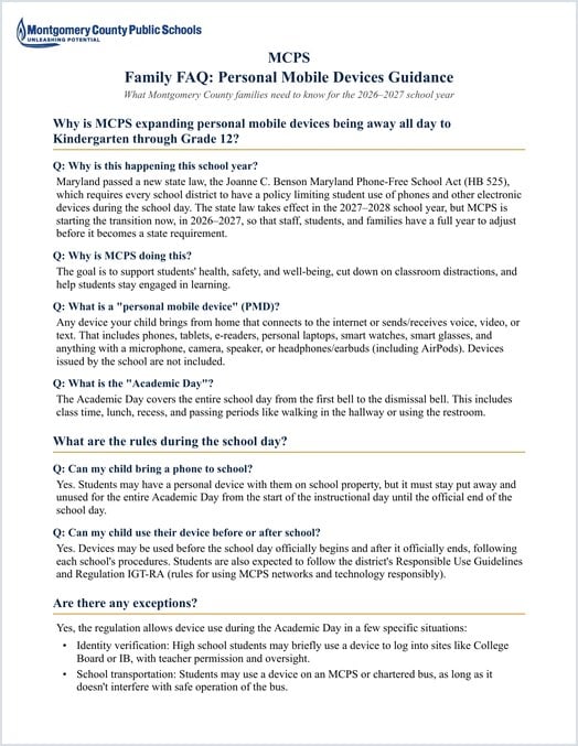 Cover of Family FAQ: Personal Mobile Devices Guidance