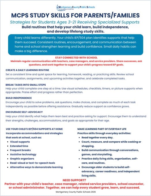 Cover of MCPS Study Skills for Parents/Families