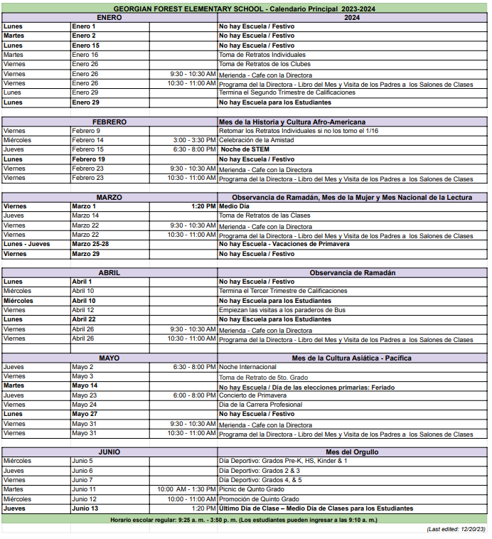 Calendar of School Events Spanish